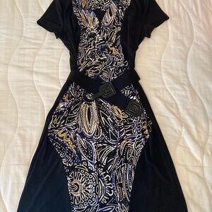 Alfani Black Patterned Midi Belt Dress